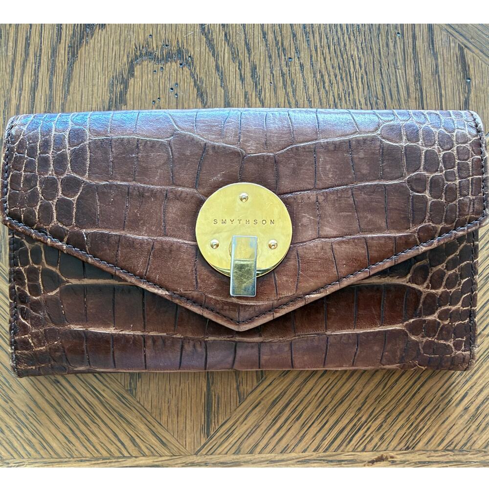 Smythson Croc Embossed Leather Bifold Wallet Brown